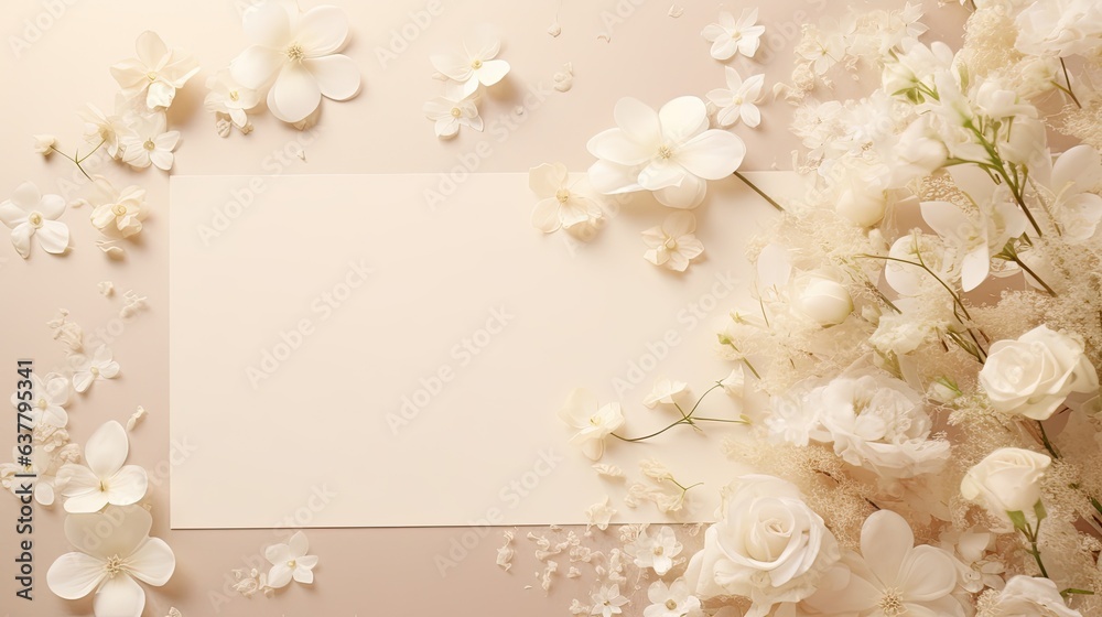 Poster mockup of summer wedding stationery with solid color cards and invitations on beige background adorn