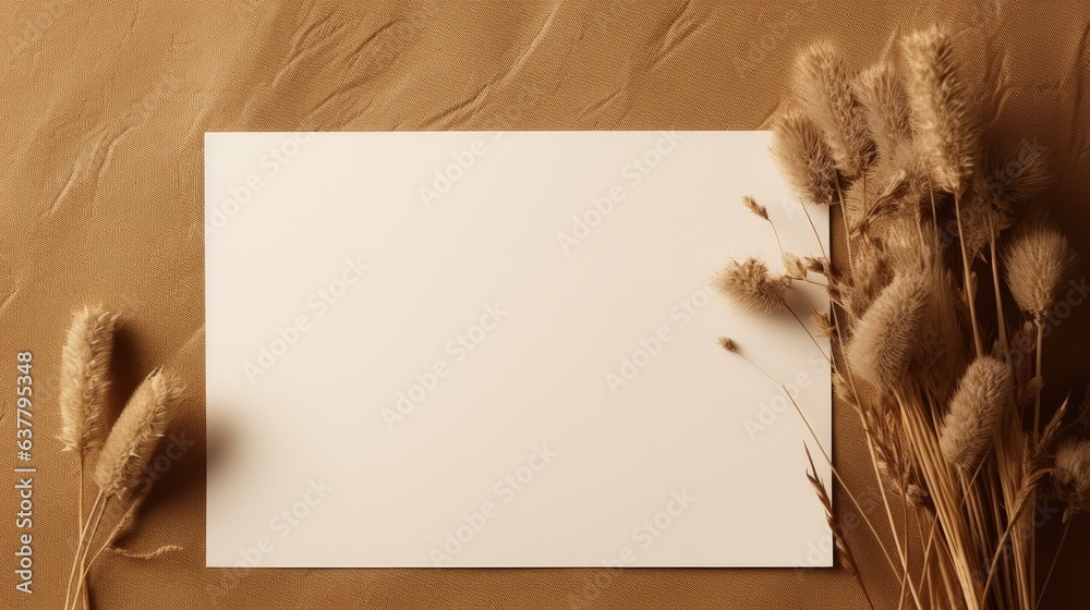 Aufkleber Blank white paper with dried grass decoration beige background Invitation card mockup beige table Flat lay top view empty space mockup