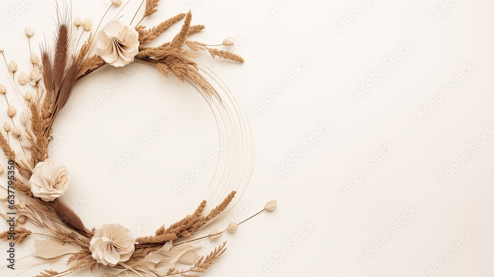 Poster Flatlay boho floral template Wreath frame with dried grass stems on a white background with copy space. Mockup image