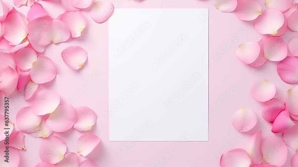 Sticker minimal valentine s day template with a blank card pink rose petals in flat lay view. mockup image