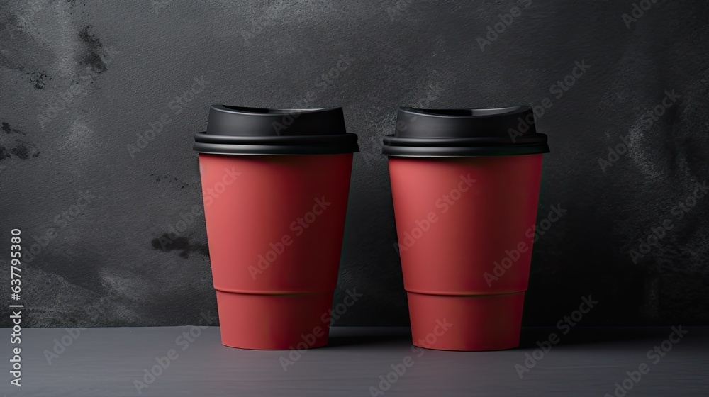 Aufkleber two disposable coffee cups with lids and a blank business card on a concrete background . mockup ima