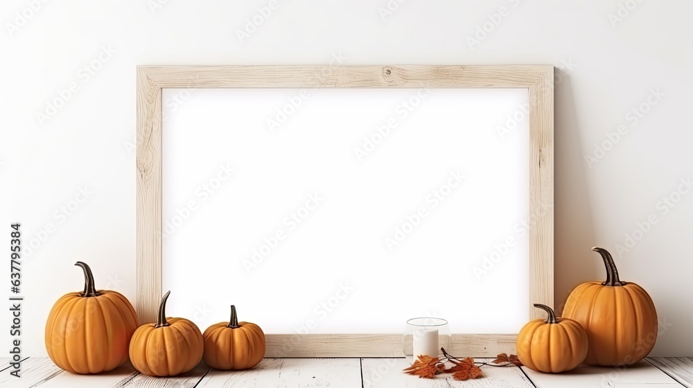 Poster boho style halloween decor with pumpkin mockup and empty space for copy