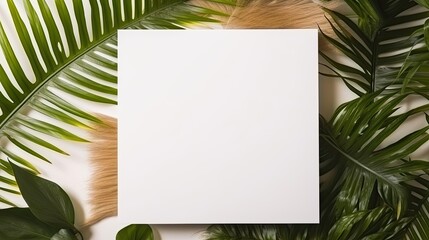 Palm leaf on table with square invitation card mockup