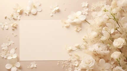 Naklejka premium Mockup of summer wedding stationery with solid color cards and invitations on beige background adorned with white flowers Includes natural light and shadow overl