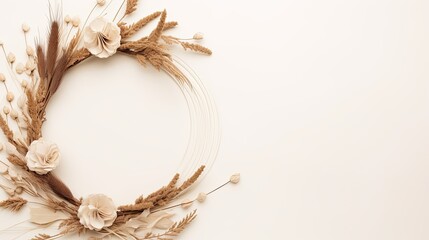 Flatlay boho floral template Wreath frame with dried grass stems on a white background with copy space. Mockup image
