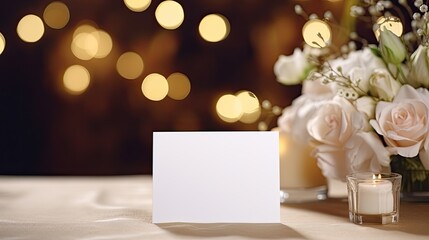 Blank white card for various purposes like greeting table number or wedding invitation template on wedding table background with clipping path. Mockup image