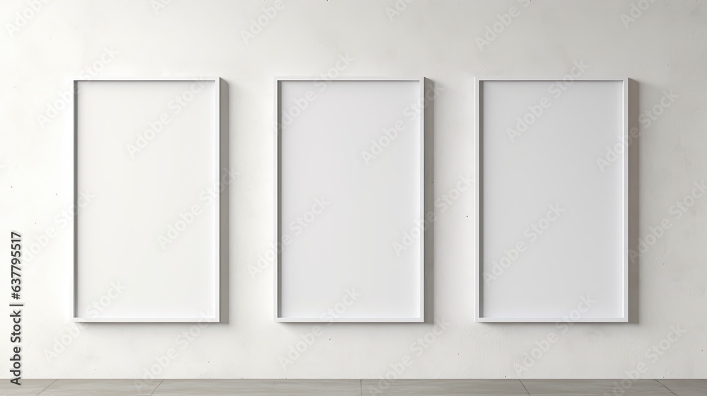 Poster three vertical white rectangle poster mockups with soft shadows on a light grey concrete wall backgr