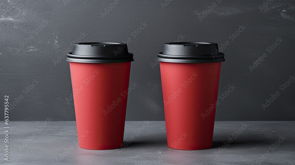 Aufkleber two disposable coffee cups with lids and a blank business card on a concrete background. mockup imag