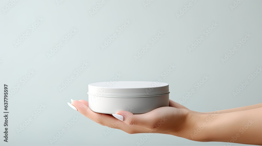 Aufkleber hand of woman holding empty circular tin container for lip balm or cream on light gray background co