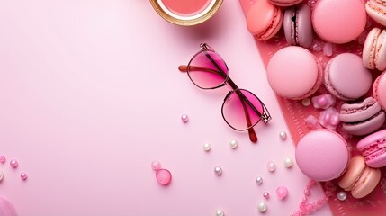 Pink themed accessories and treats for girls gatherings including watches glasses hairpins pen macaroons and a frame for mockup of copy space