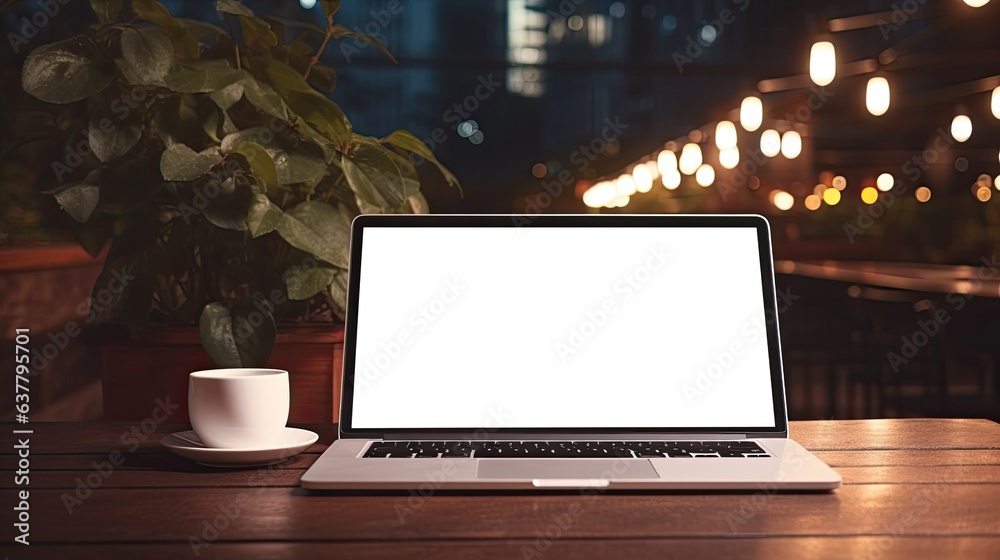 Poster White laptop screen on table at night at home blank mockup with empty space