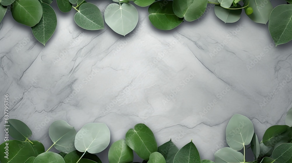 Aufkleber eucalyptus branches with green leaves on stone table flat lay copy space. mockup image