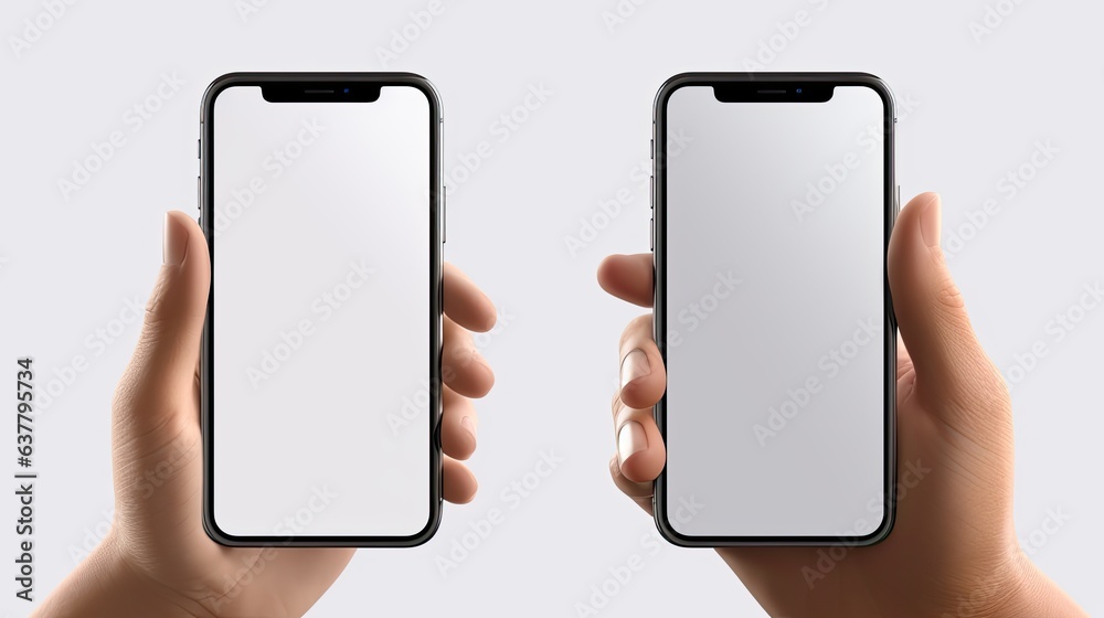 Poster panoramic view of woman s hands on white background using blank screened smartphone . mockup image