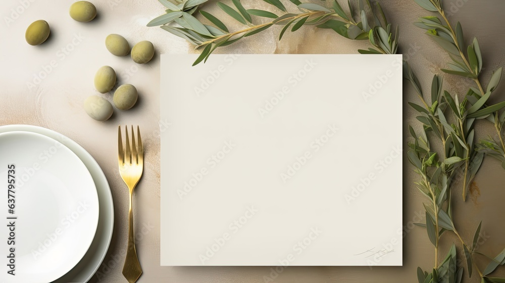 Aufkleber Top view of an elegant wedding table with invitation card and porcelain plates adorned with olive branches A modern template with a blank vertical paper card lai . Mockup image