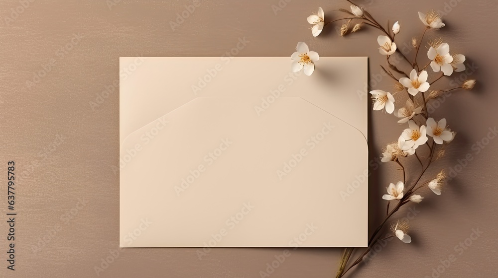 Aufkleber neutral beige linen background with empty card and flowers subtle aesthetic template for business br