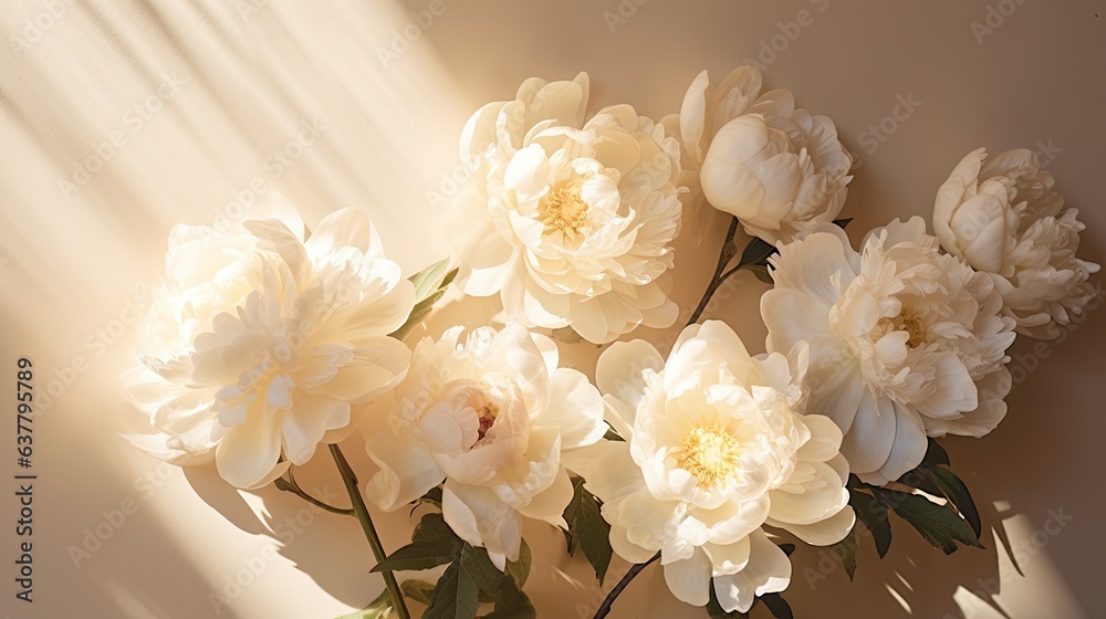 Poster top view of neutral beige background with flatlay arrangement of peonies incorporating copy space an