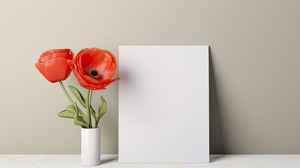 Business brand template with poppy flowers and blank cards for mockup copy space on wall