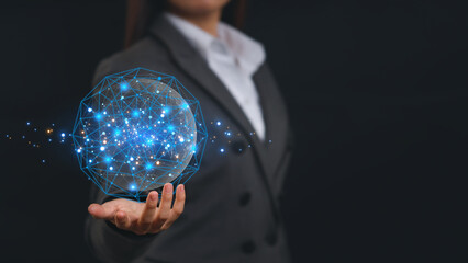 KPI Businesswoman holding planet earth global communication with business data analytics to analyze performance, management organization strategy performance and AI technologies on virtual screen