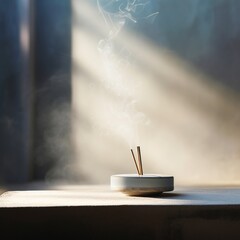 Burning aromatic incense smoky stick for meditation and relaxing. Aromatherapy smoke. space for text Generative AI