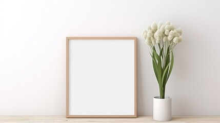 Allium flowers and blank picture frame on white background Minimal still life mockup with copy space