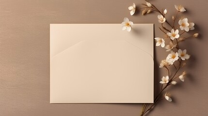 Neutral beige linen background with empty card and flowers subtle aesthetic template for business branding advertising invitations or greeting cards. Mockup image