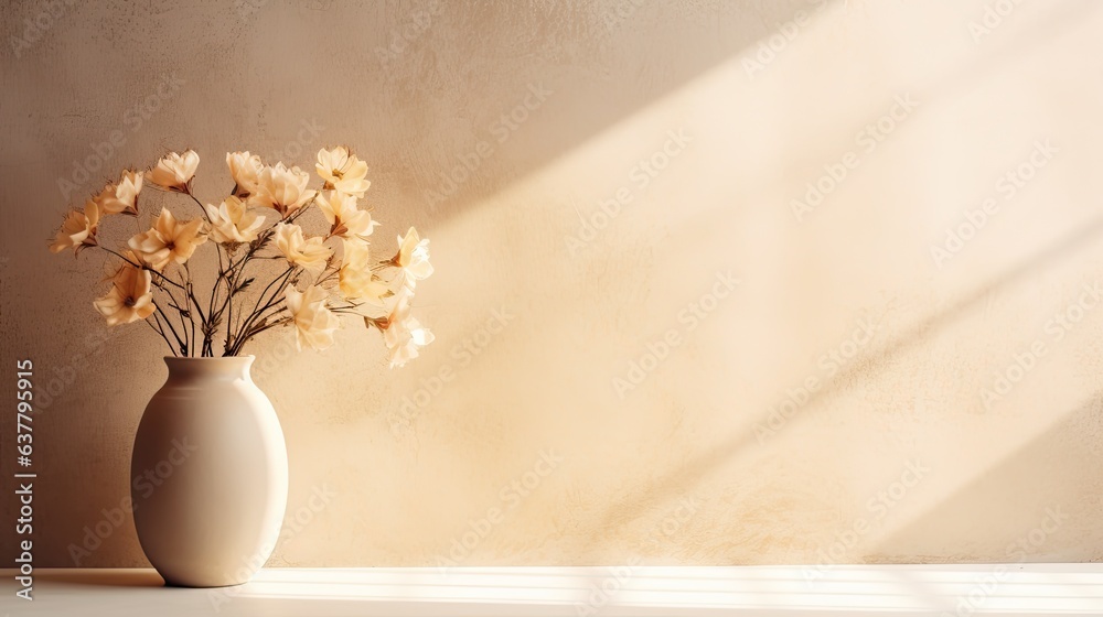 Aufkleber flowers in a vase cast a shadow on a neutral background with light and space for interior design . m