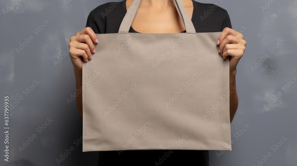 Aufkleber girl holds empty canvas bag on gray background. mockup image