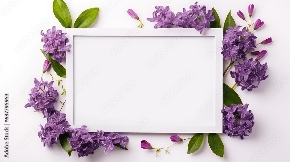 Aufkleber Purple violet flowers and leaves create an elegant frame with space for mockup copy It s a top view template for branding blogs websites and social media