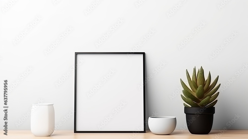 Wall mural Succulent plant industrial lamp and black frame on shelf desk White surroundings Portrait frame orientation. Mockup image