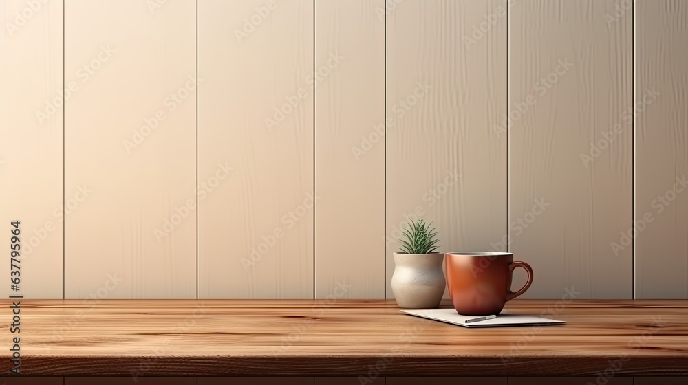 Poster front view of workspace with wooden desk table supplies and coffee mug featuring copy space. mockup 