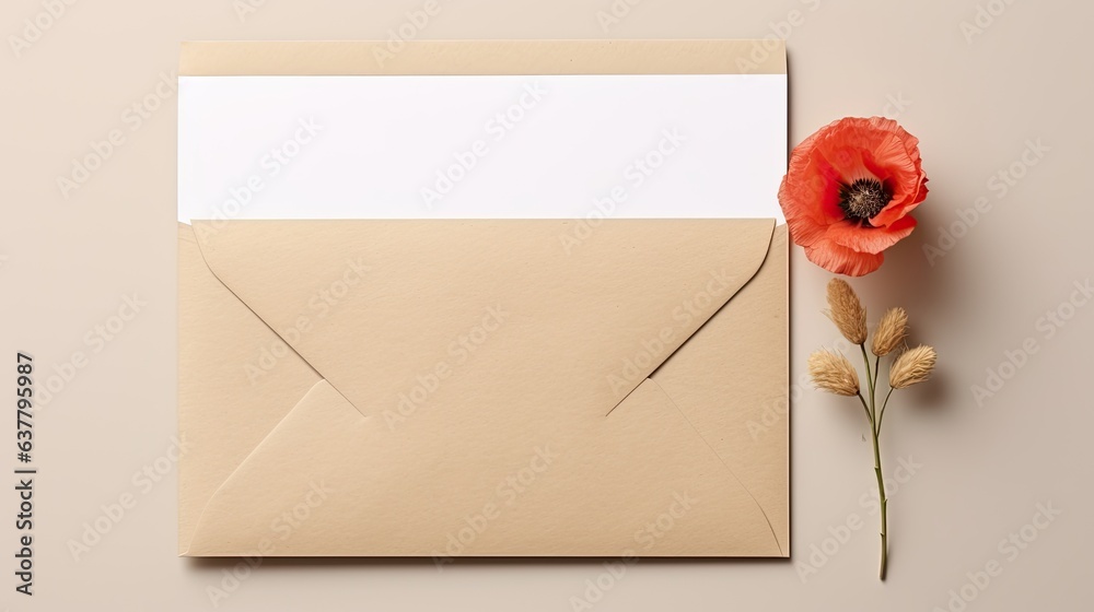 Aufkleber blank wedding invitation card template with copy space on kraft envelope and poppy stem design for b