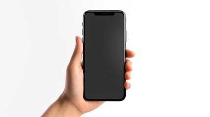 Black smartphone held by woman s hands white background blank screen for mockup