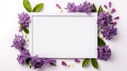 Purple violet flowers and leaves create an elegant frame with space for mockup copy It s a top view template for branding blogs websites and social media