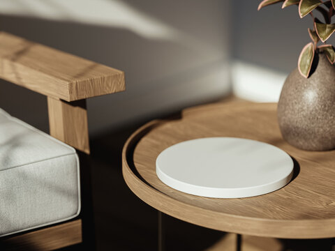 3d wooden display podium and plant vase on coffee table with white armchair. 3d interior illustration.