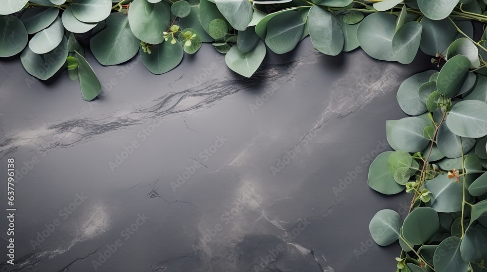 Aufkleber Eucalyptus branches with green leaves on stone table flat lay copy space . Mockup image