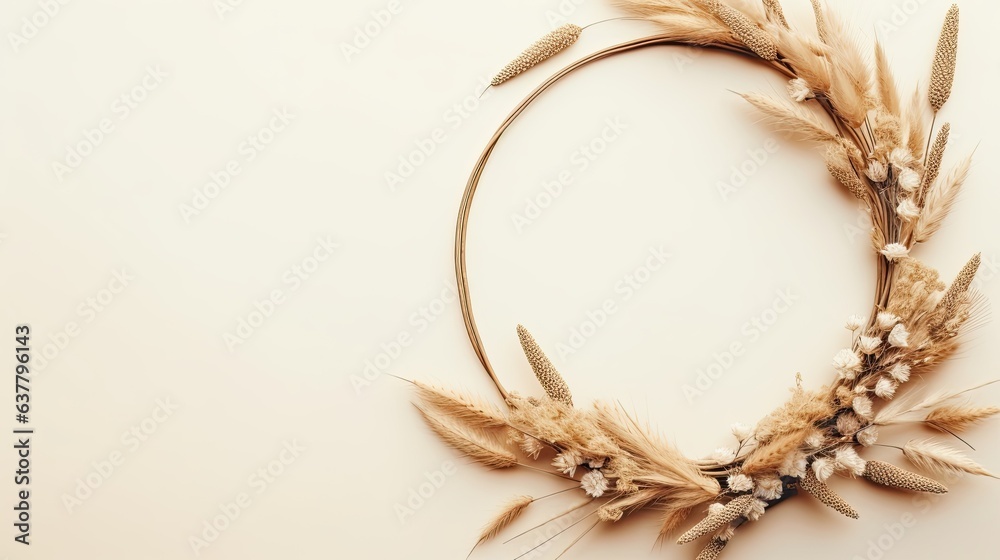 Aufkleber flatlay boho floral template wreath frame with dried grass stems on a white background with copy spa