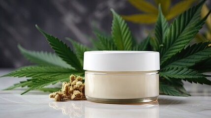 Obraz na płótnie Canvas Hemp based cream on a marble table with cannabis leaves Organic beauty product . Mockup image