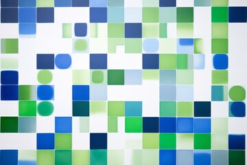 A abstract painting with blue and green squares on a white background