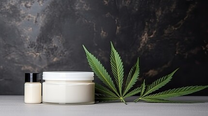 Cannabis sativa leaves and cream jar on marble table Organic skincare product Eco friendly hemp cream . Mockup image