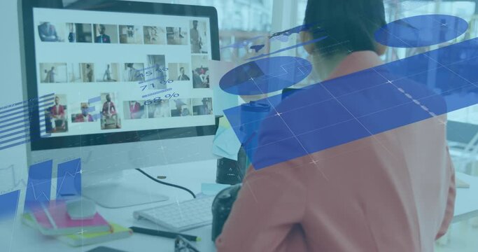 Animation of infographic interface over asian female photographer transferring photos to desktop