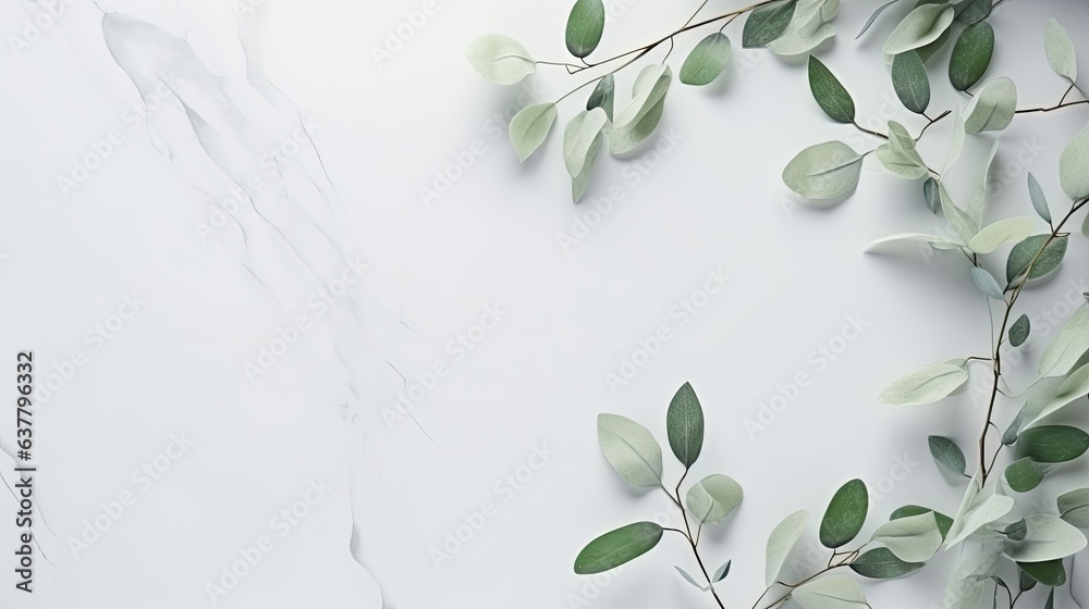 Poster eucalyptus branches on pastel gray background with copy space top view. mockup image