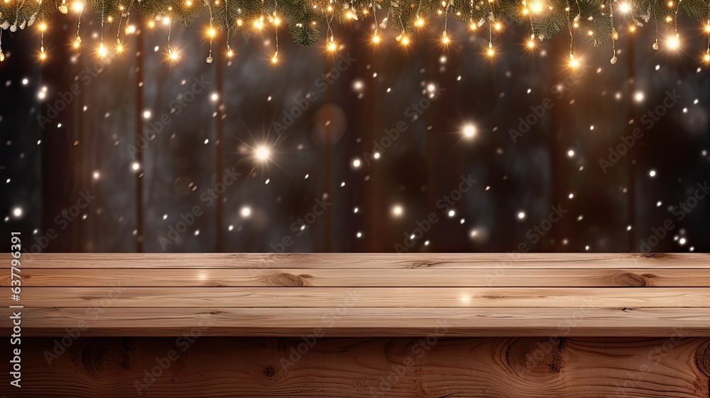 Aufkleber winter christmas product display template with empty wooden table fir branches and lights. mockup im