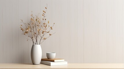 Eucalyptus branch in a modern vase coffee and old books on wooden table Empty mockup of beige wall Elegant living room with Scandinavian minimalist d - obrazy, fototapety, plakaty
