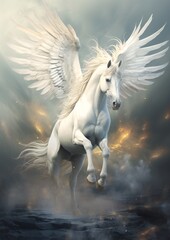 Obraz na płótnie Canvas Pegasus flying in the sky, vertical realistic illustration
