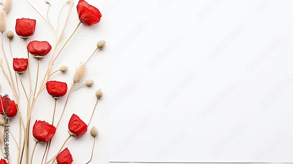 Poster Graphic design for branding and aesthetic logos using blank paper sheets and mockup copy space with dry poppy pods on a white background