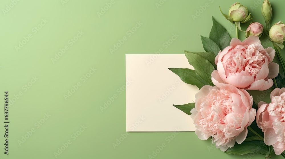 Poster Stylish mock up with blank card peony flowers and copy space for greetings or invitations Suitable for weddings birthdays or holidays . Mockup image