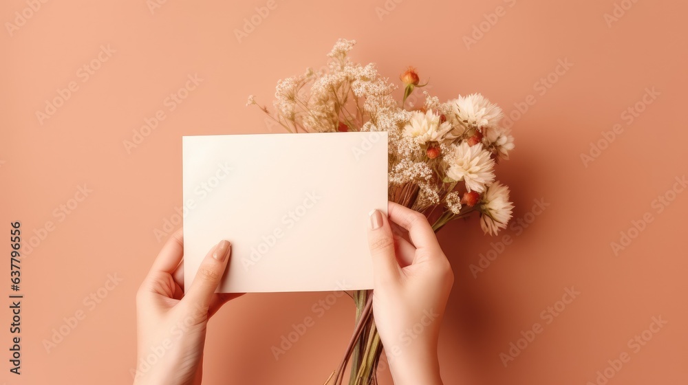 Poster Person holding blank card and envelope with flowers on beige background elegant template for invitation greeting or business card with space for text. Mockup image