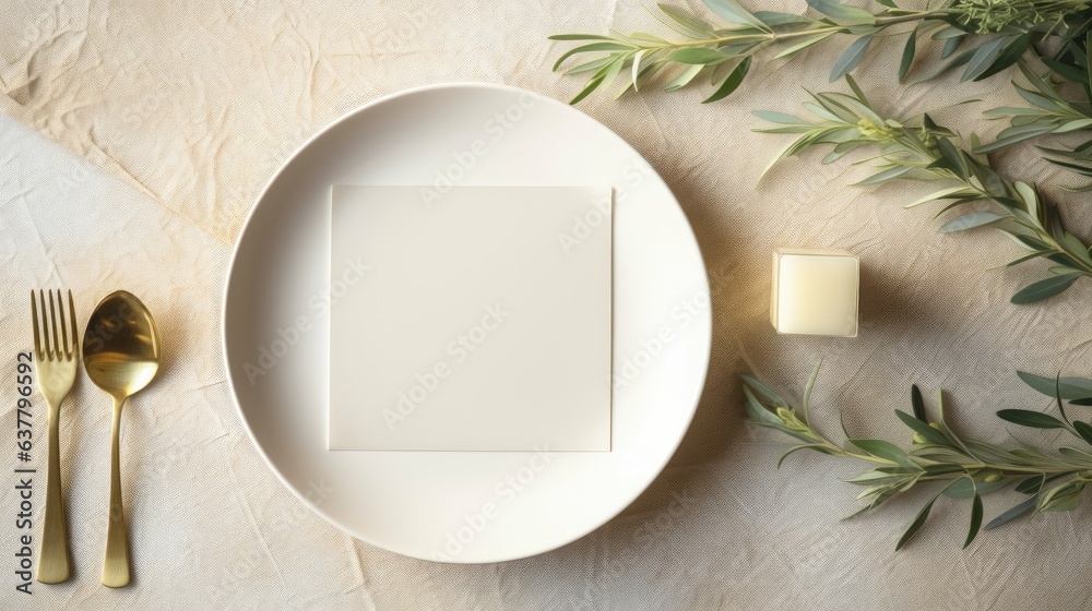 Poster top view of an elegant wedding table with invitation card porcelain plates adorned with olive branch