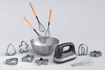 Metal bowl with bowl and cookie cutters on white background