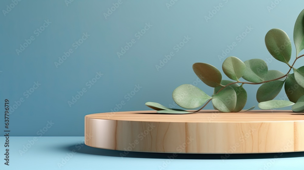 Poster wood slice podium with eucalyptus leaves and shadows on blue background 3d render minimal concept ad